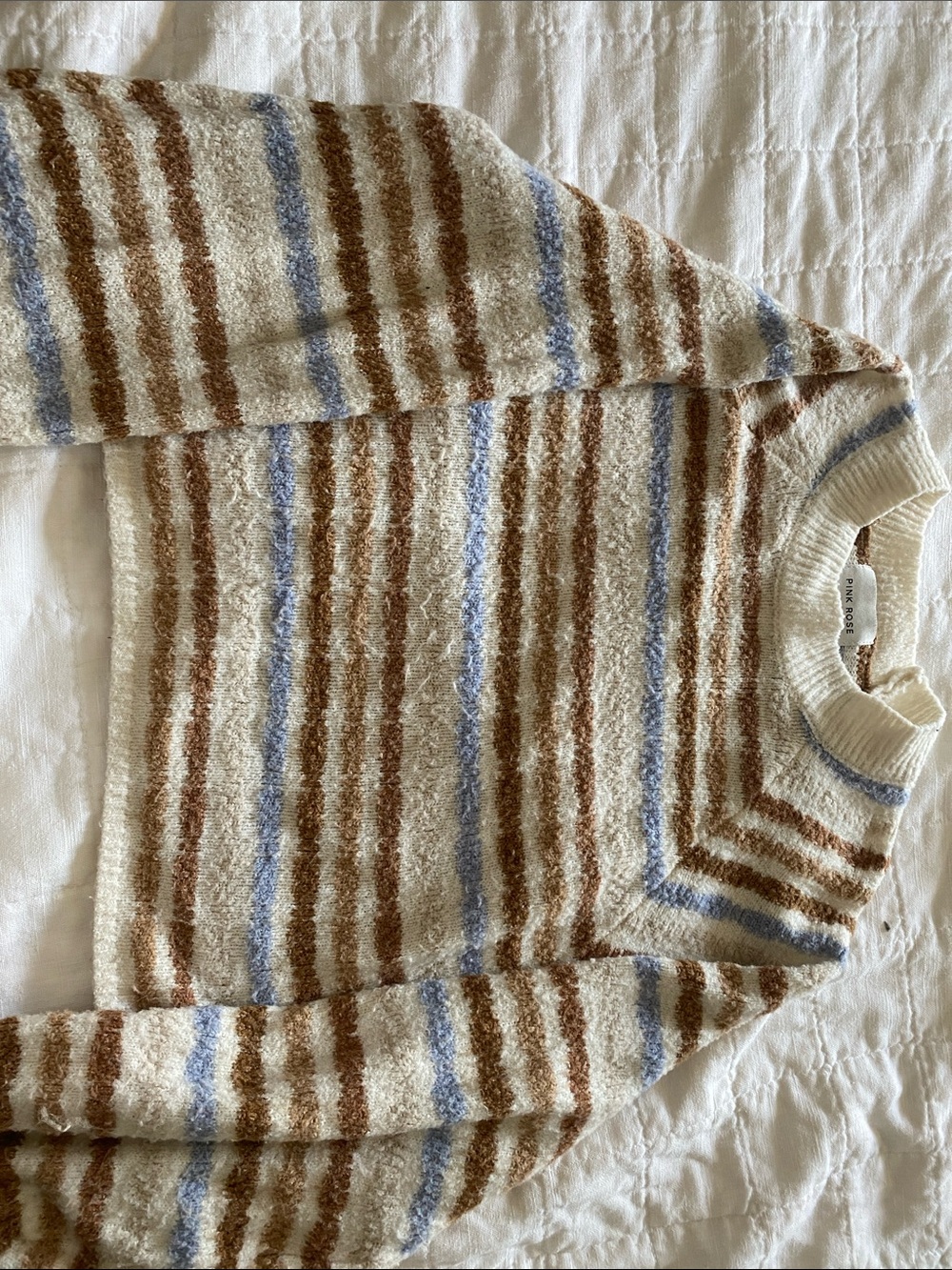 Pink Rose Striped Crewneck Sweater in Cream, Brown & Light Blue